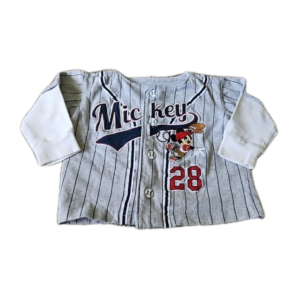 Disney Baby Mickey Mouse Embroidered Baseball Jersey Gray Stripe 12 Months